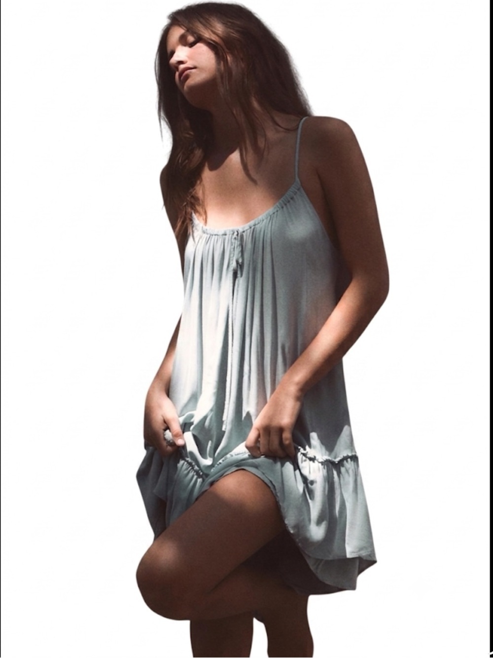 Zara Light Blue Fluid Ruffled Mini Dress Open Back Spaghetti Strap Tie Neck M